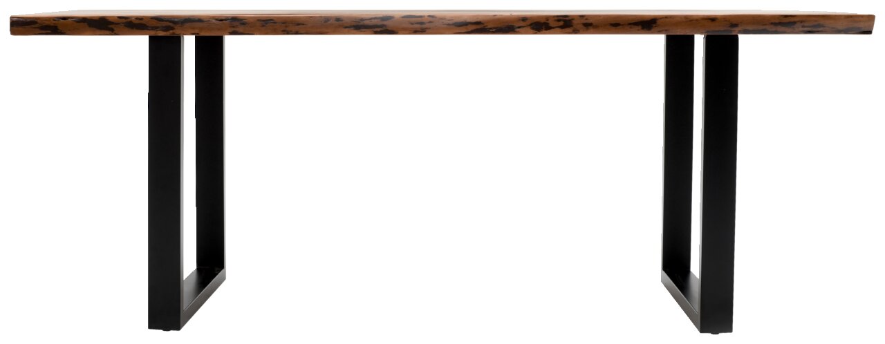 Moderner Esstisch mit dunkler Holzplatte und schwarzen Metallbeinen, Seitenansicht