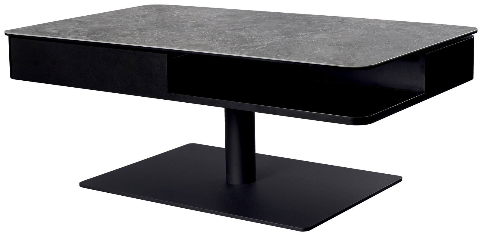 Dieter Knoll Salontafel MADRID Moderner Couchtisch mit grauer Marmoroptik-Oberfläche und schwarzem Sockel, seitliche Perspektive