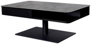 Moderner Couchtisch mit grauer Marmoroptik-Oberfläche und schwarzem Sockel, seitliche Perspektive