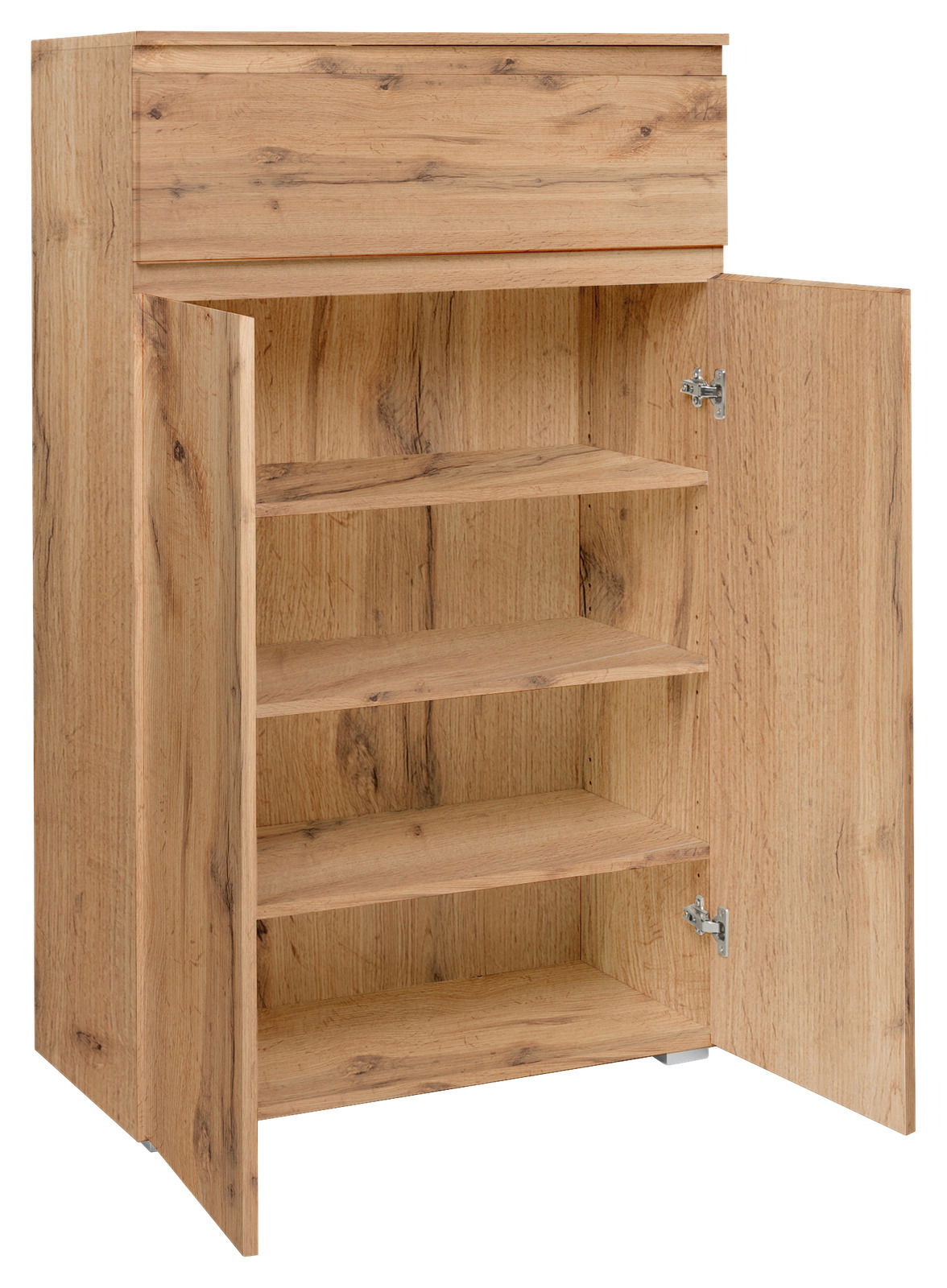 Z2 Kommode IMAGE Holzkommode mit geöffneter Tür, zeigt vier Regalböden, Perspektive von vorne