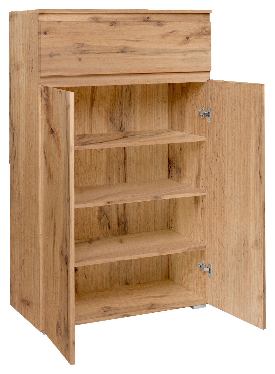Holzkommode mit geöffneter Tür, zeigt vier Regalböden, Perspektive von vorne