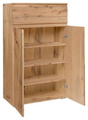 Holzkommode mit geöffneter Tür, zeigt vier Regalböden, Perspektive von vorne