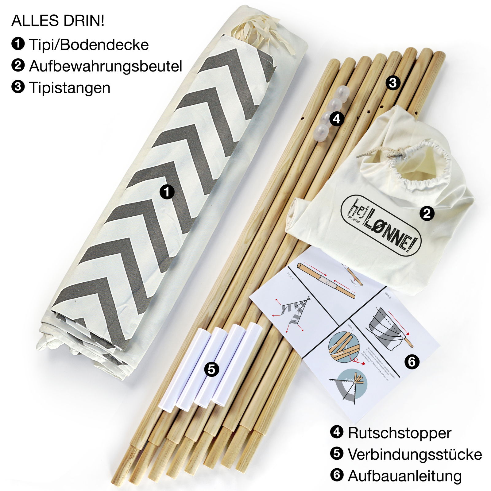 Tipi-Zelt-Set in grau mit Zickzack-Muster, bestehend aus Tipi/Bodendecke, Aufbewahrungsbeutel, Tipistangen, Rutschstoppern, Verbindungsstücken und Aufbauanleitung. Draufsicht auf alle Komponenten.