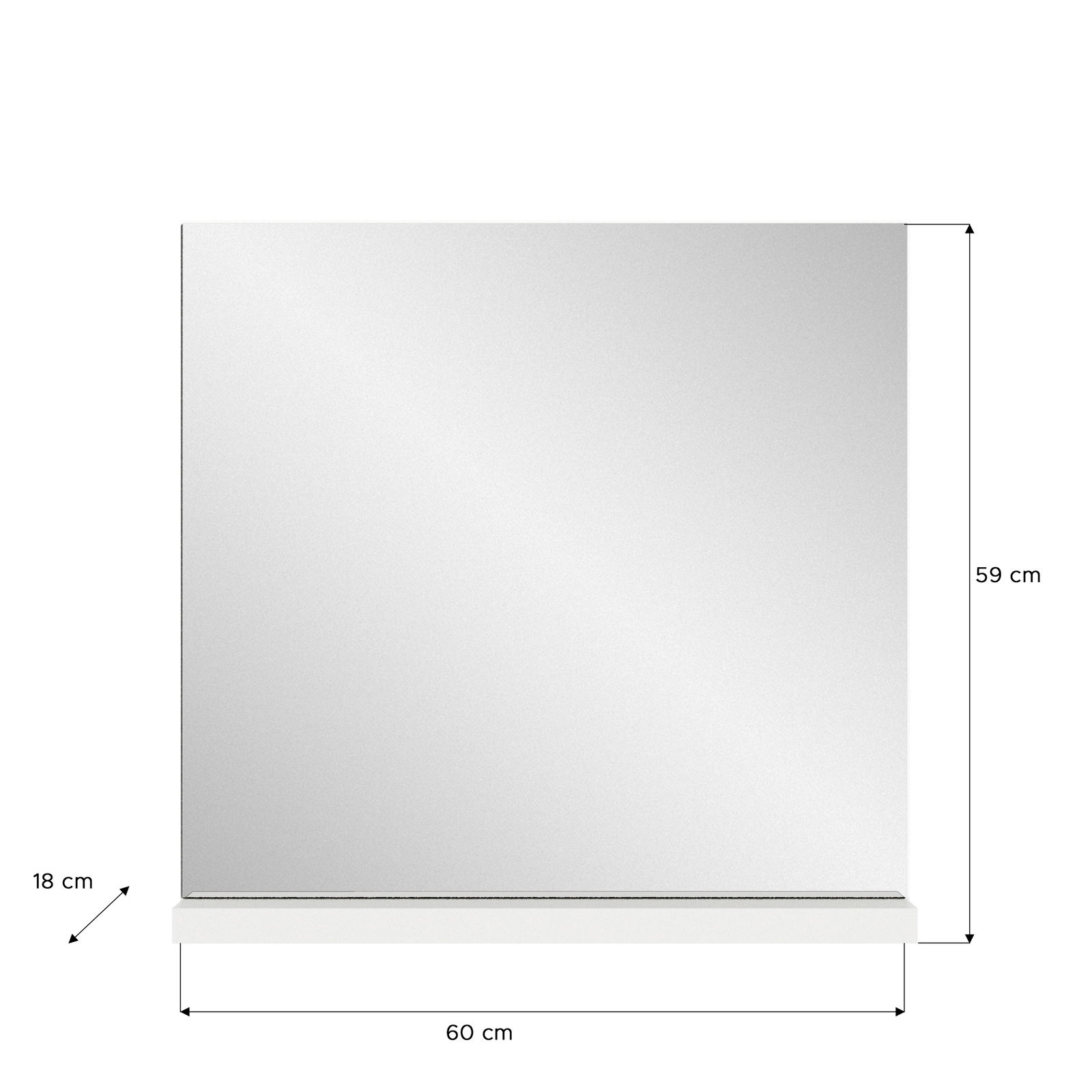 Moderner Wandspiegel mit rechteckigem Design, 60 cm breit und 59 cm hoch, mit einer Ablagefläche von 18 cm Tiefe, frontal abgebildet.