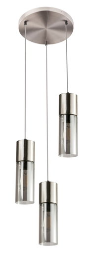 Moderne Hängeleuchte mit drei zylindrischen Lampenschirmen aus Metall und Glas, von unten betrachtet.