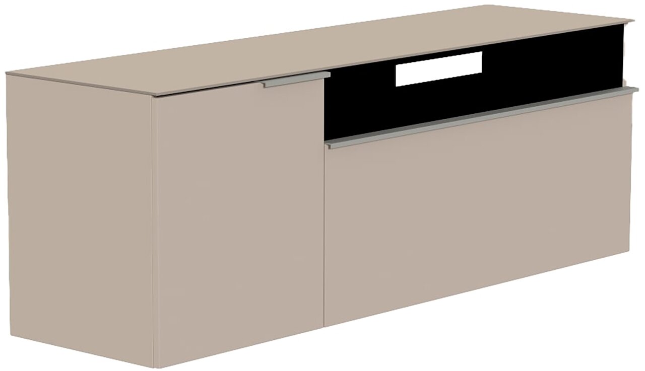 Hänge-Lowboard in beige aus seitlicher Perspektive mit einer Tür und einer offenen Ablage.