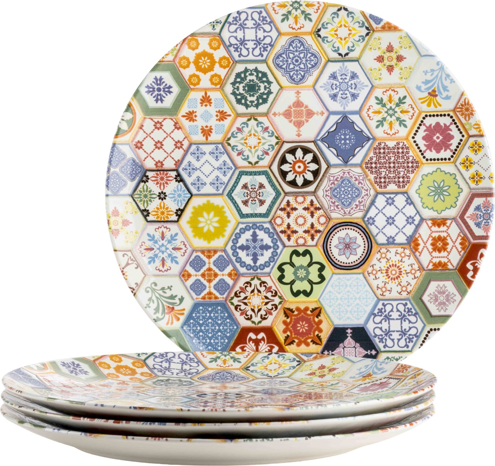 Mäser Platztellerset 4-tlg. AMARANTE Runder Keramik-Speiseteller mit buntem Patchwork-Muster aus hexagonalen Fliesenmotiven, Vorderansicht; unten mehrere Teller gestapelt vor weißem Hintergrund.