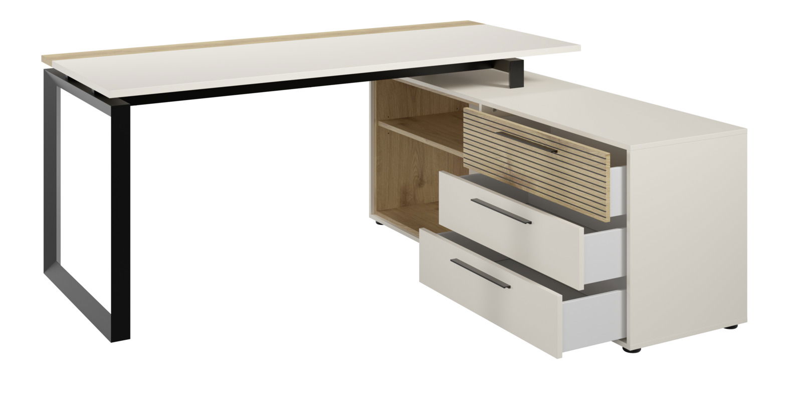 Moderner Eckschreibtisch mit Container, zwei offenen Schubladen und einem Regal, seitliche Perspektive