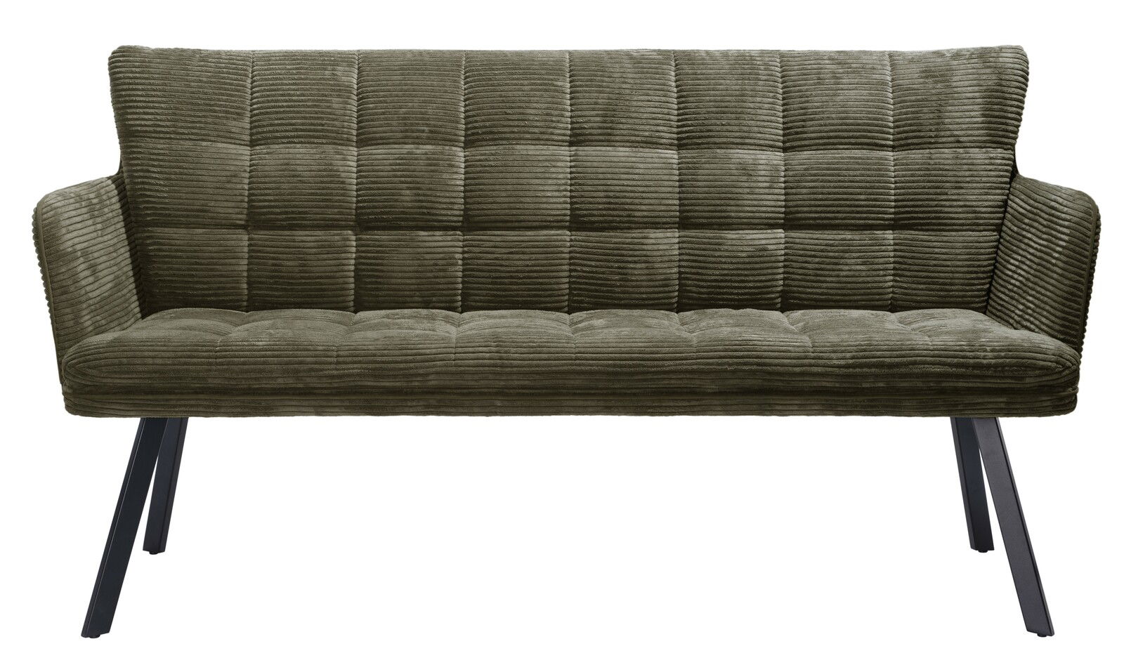 Grüne Sitzbank mit geripptem Stoffbezug und schwarzen Metallbeinen, Frontalansicht