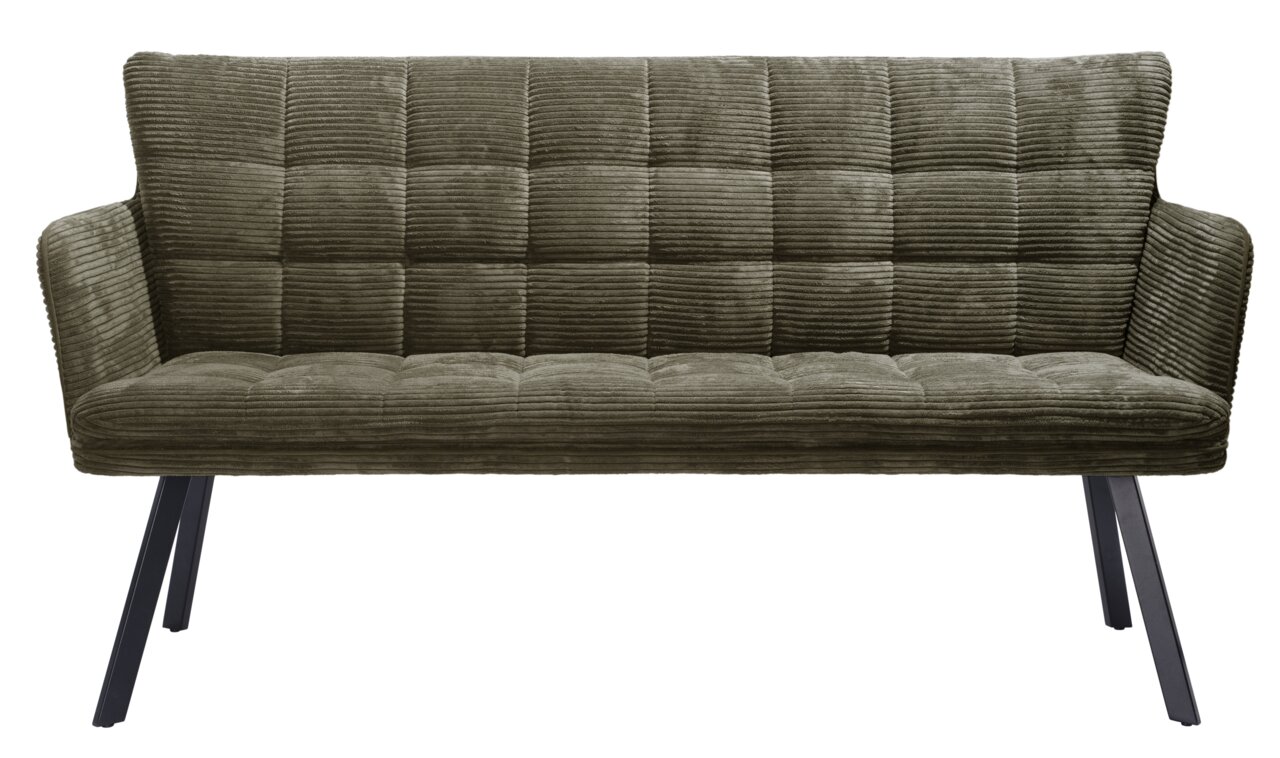 Grüne Sitzbank mit geripptem Stoffbezug und schwarzen Metallbeinen, Frontalansicht