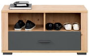 Frontale Ansicht einer Holzbank mit zwei offenen Fächern, die Schuhe enthalten, und einer Schublade darunter.