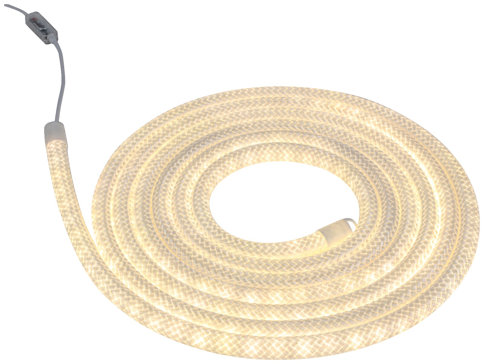 Warmweiß leuchtendes LED-Lichtseil in weißer Textilummantelung, spiralförmig aufgerollt und mit Kabelschalter, aus schräger Draufsicht