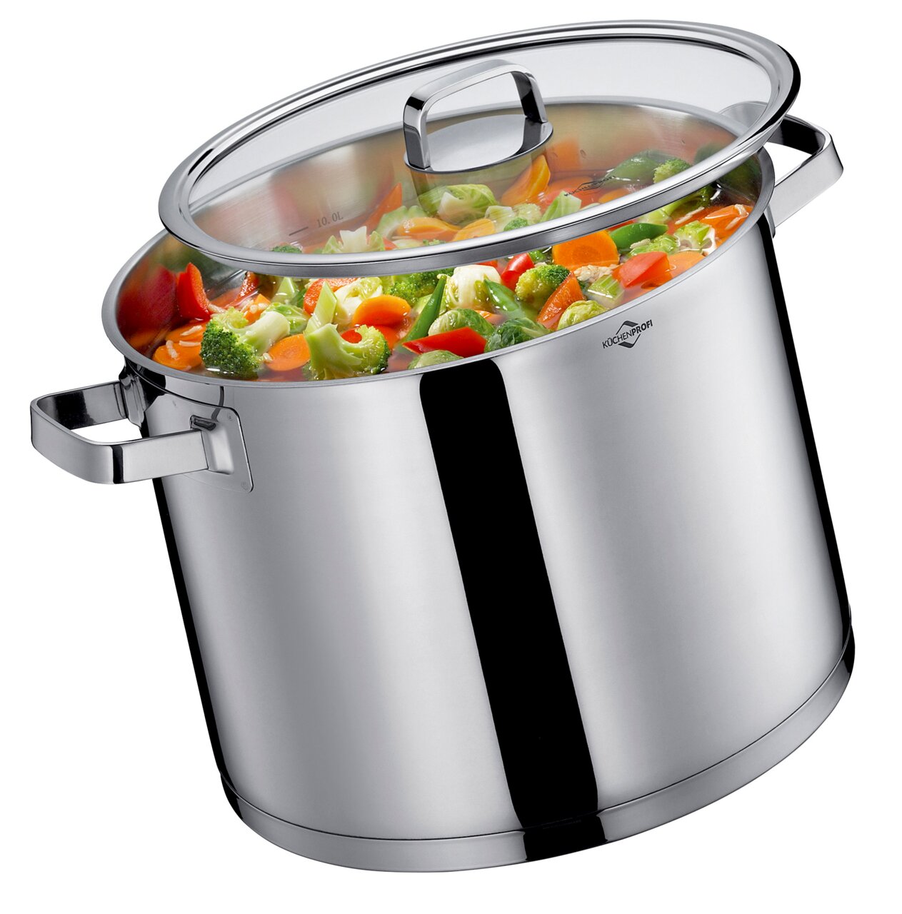 Suppentopf SAN REMO, 28 cm, aus Edelstahl mit Glasdeckel, gefüllt mit Gemüse, seitliche Perspektive