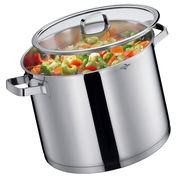 Suppentopf SAN REMO, 28 cm, aus Edelstahl mit Glasdeckel, gefüllt mit Gemüse, seitliche Perspektive