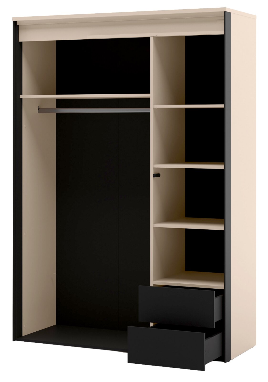 Open kledingkast in beige en zwart met hangroede, legplanken en twee uittrekbare lades, frontaal aanzicht