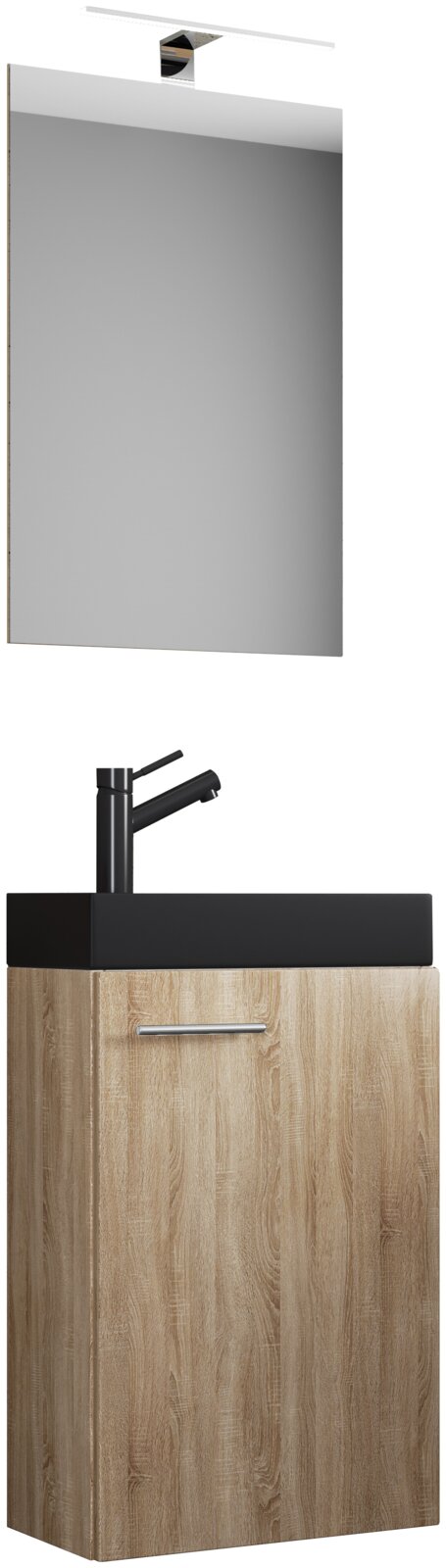 VCM 3-tlg. Gäste-Waschplatz SLITO Modernes Badezimmer-Waschplatz-Set: Holzoptik-Unterschrank mit schwarzem Aufsatzwaschbecken und schwarzer Armatur, darüber rechteckiger Spiegel mit LED-Aufsatzleuchte; Ansicht schräg von vorne.