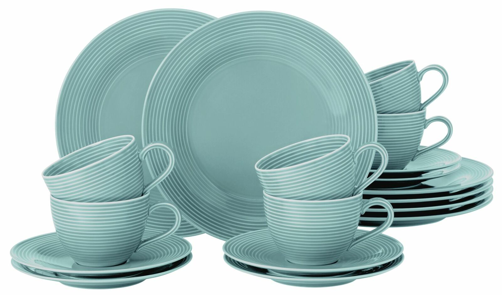 Blaues Kaffeeset Beat, 18-teilig, bestehend aus Tassen, Untertassen und Tellern, aus seitlicher Perspektive fotografiert.
