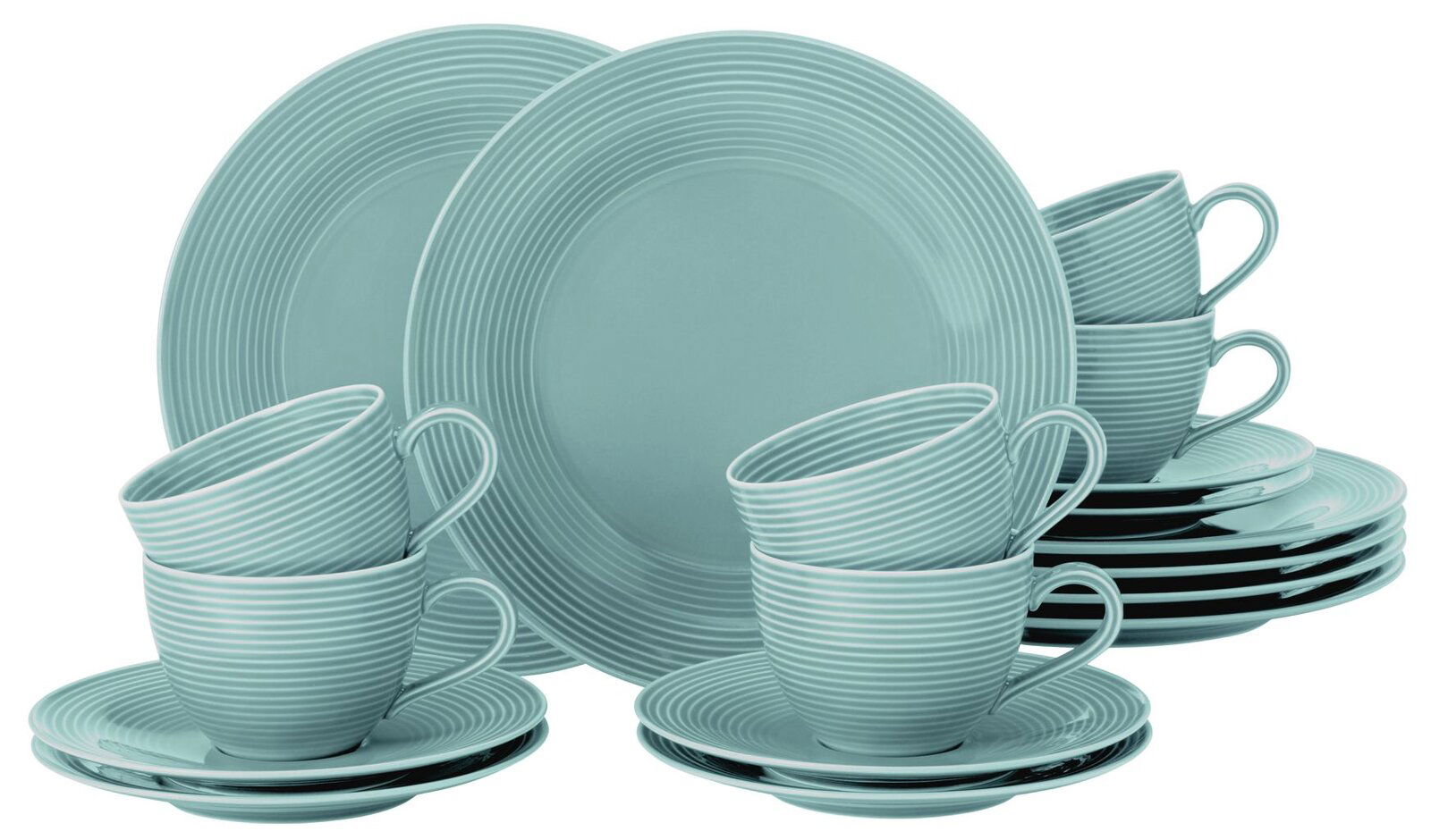 Blaues Kaffeeset Beat, 18-teilig, bestehend aus Tassen, Untertassen und Tellern, aus seitlicher Perspektive fotografiert.