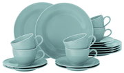 Blaues Kaffeeset Beat, 18-teilig, bestehend aus Tassen, Untertassen und Tellern, aus seitlicher Perspektive fotografiert.