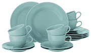 Blaues Kaffeeset Beat, 18-teilig, bestehend aus Tassen, Untertassen und Tellern, aus seitlicher Perspektive fotografiert.