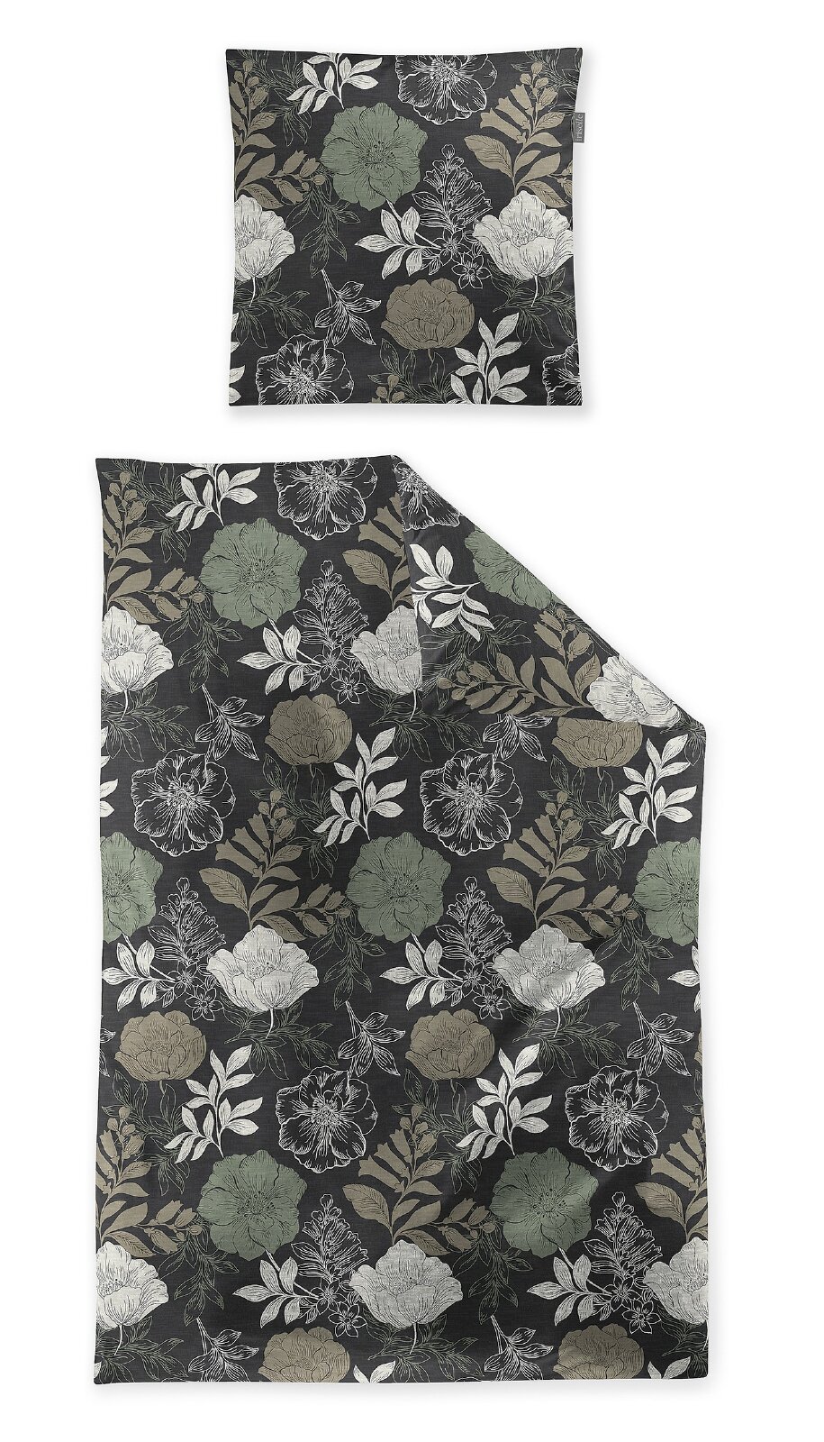 irisette Beddengoed MERAN Bovenaanzicht van een dekbedovertrek met bijpassend kussensloop, uitgevoerd in antraciet met een elegant bloemenpatroon in groen, beige en wit