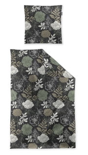 Bovenaanzicht van een dekbedovertrek met bijpassend kussensloop, uitgevoerd in antraciet met een elegant bloemenpatroon in groen, beige en wit