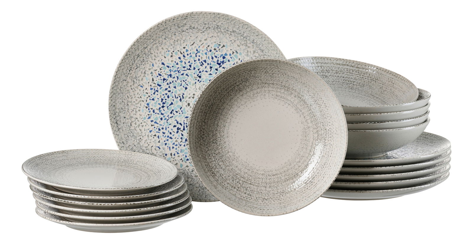 Perspektive auf ein 18-teiliges Tafelset mit grauen und blauen Mustern, bestehend aus flachen und tiefen Tellern.