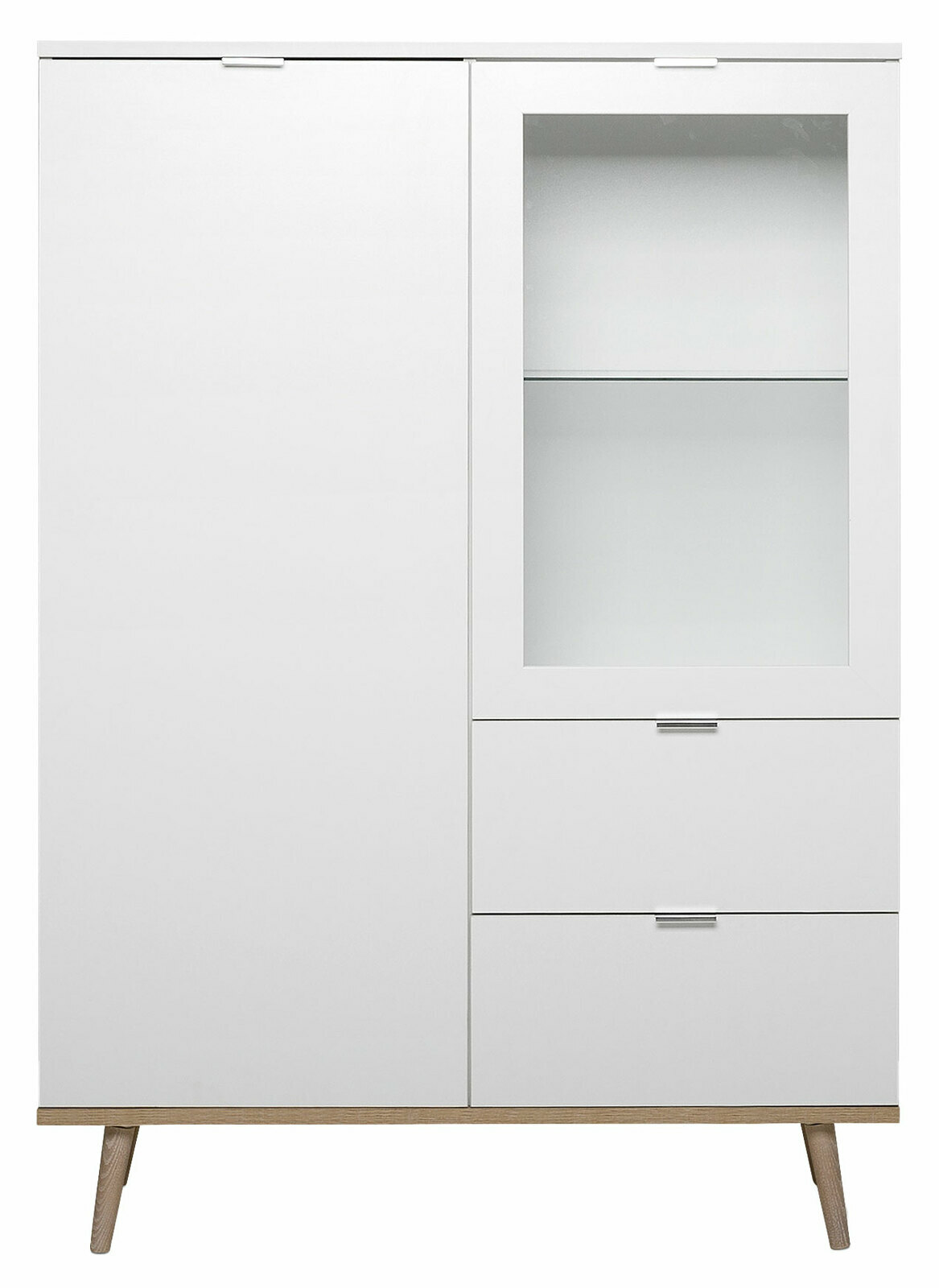 Weißes Highboard mit Glastür und Schubladen, frontale Ansicht