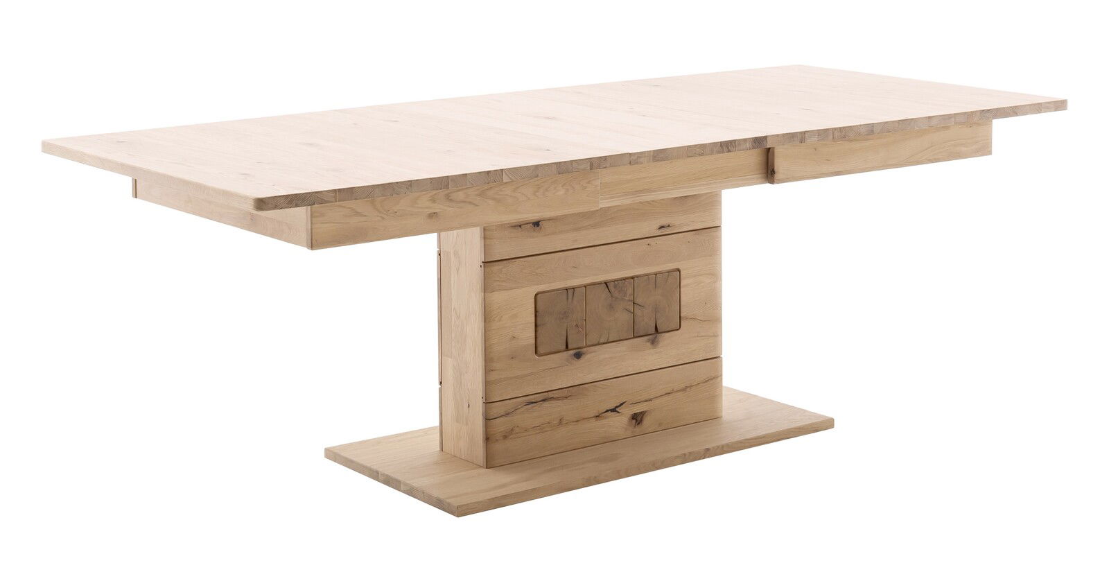 Moderner Esstisch aus hellem Holz in seitlicher Perspektive