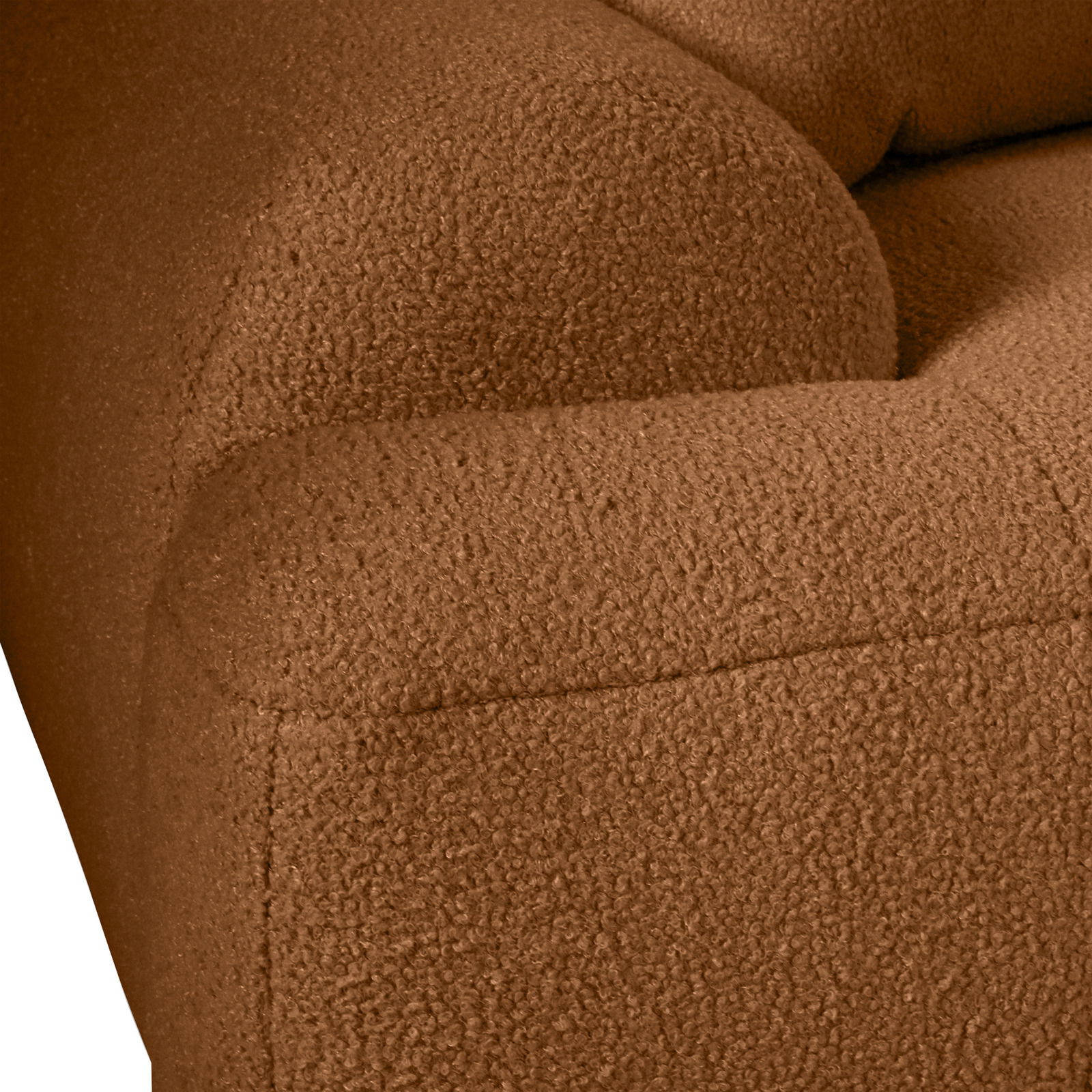 Nahaufnahme einer braunen, strukturierten Sofaecke mit abgerundeter Armlehne.