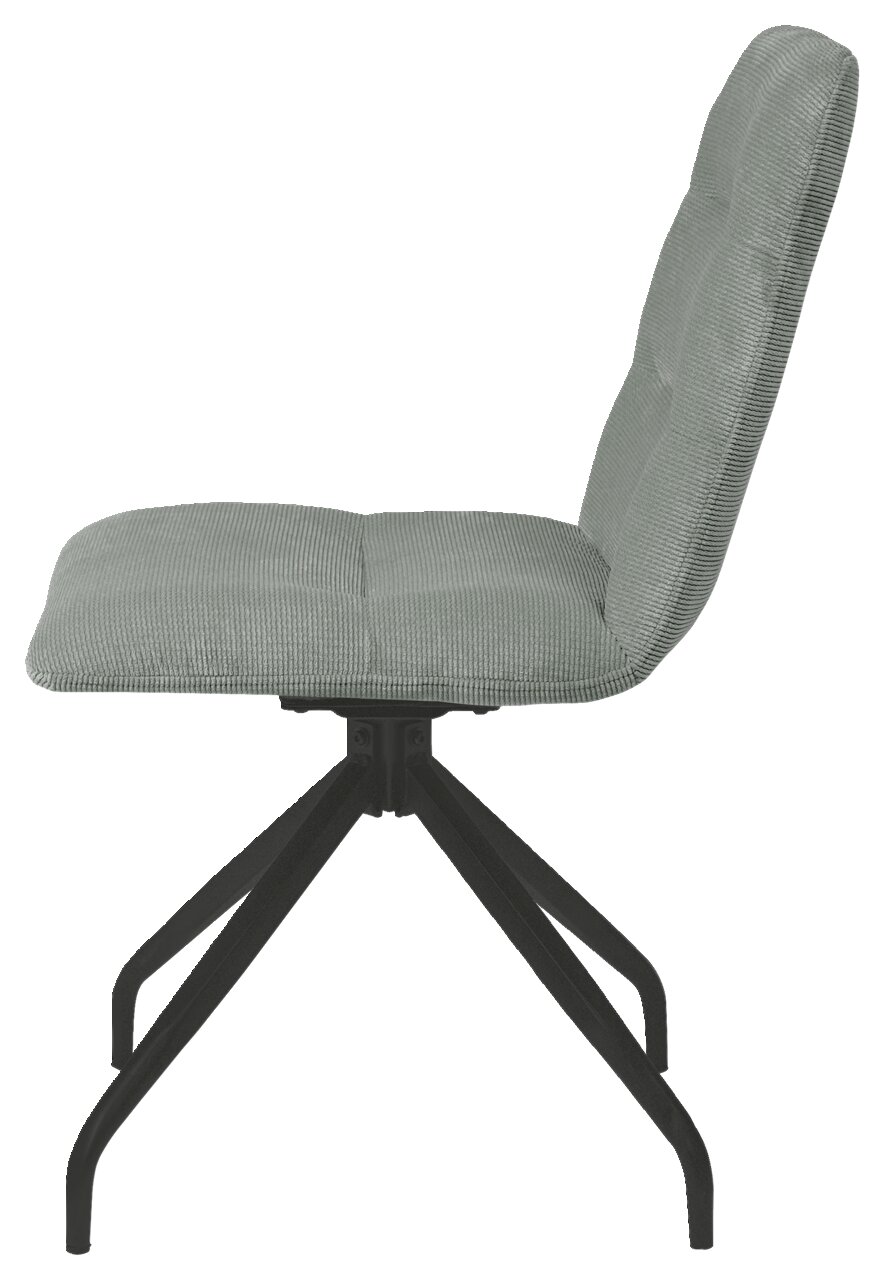 Moderner Stuhl mit gepolstertem Sitz und Rückenlehne in Seitenansicht, auf schwarzem Metallgestell.