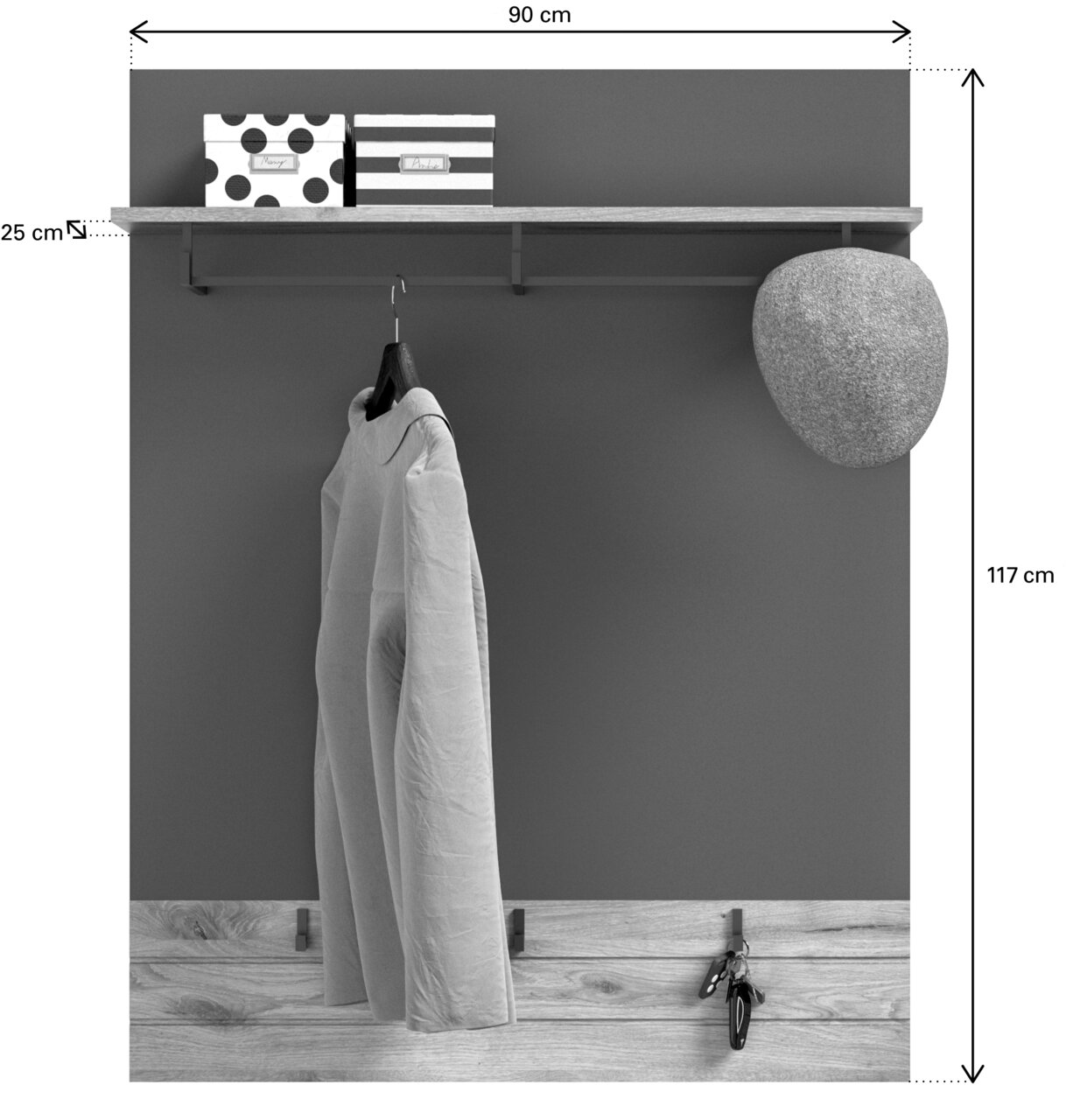 Garderobenkombination mit Hutablage, Kleiderhaken und Schlüsselhaken, frontal betrachtet.