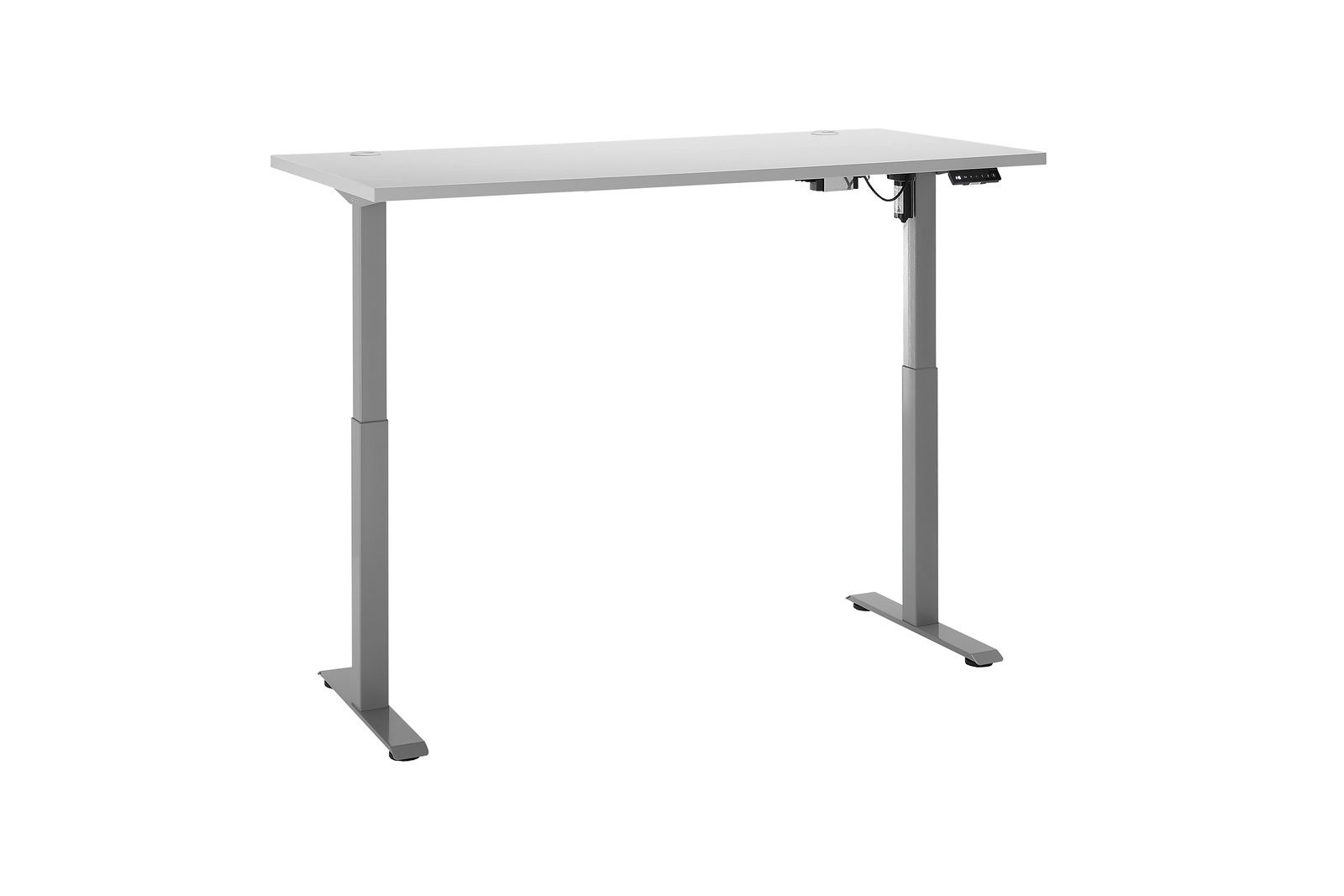 Moderner höhenverstellbarer E-Schreibtisch in seitlicher Perspektive mit grauem Gestell und weißer Tischplatte.