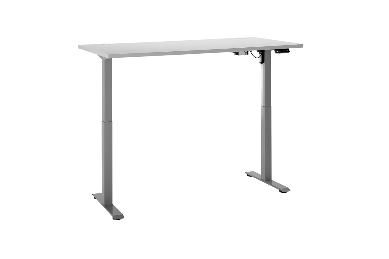 Moderner höhenverstellbarer E-Schreibtisch in seitlicher Perspektive mit grauem Gestell und weißer Tischplatte.