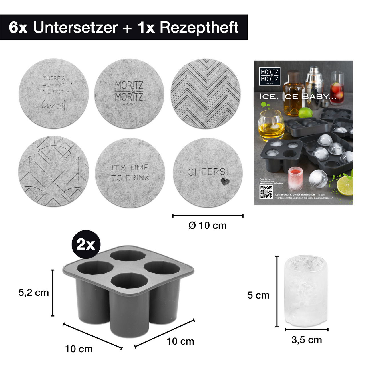 Set aus 6 runden Untersetzern mit verschiedenen Designs und 2 Eiswürfelformen, perspektivisch von oben gezeigt.
