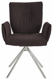 Moderner Sessel mit braunem Stoffbezug und silbernem Metallgestell, Frontalansicht