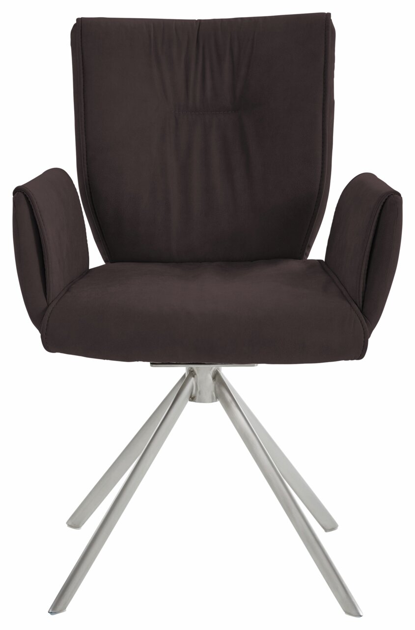 Moderner Sessel mit braunem Stoffbezug und silbernem Metallgestell, Frontalansicht