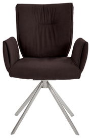 Moderner Sessel mit braunem Stoffbezug und silbernem Metallgestell, Frontalansicht