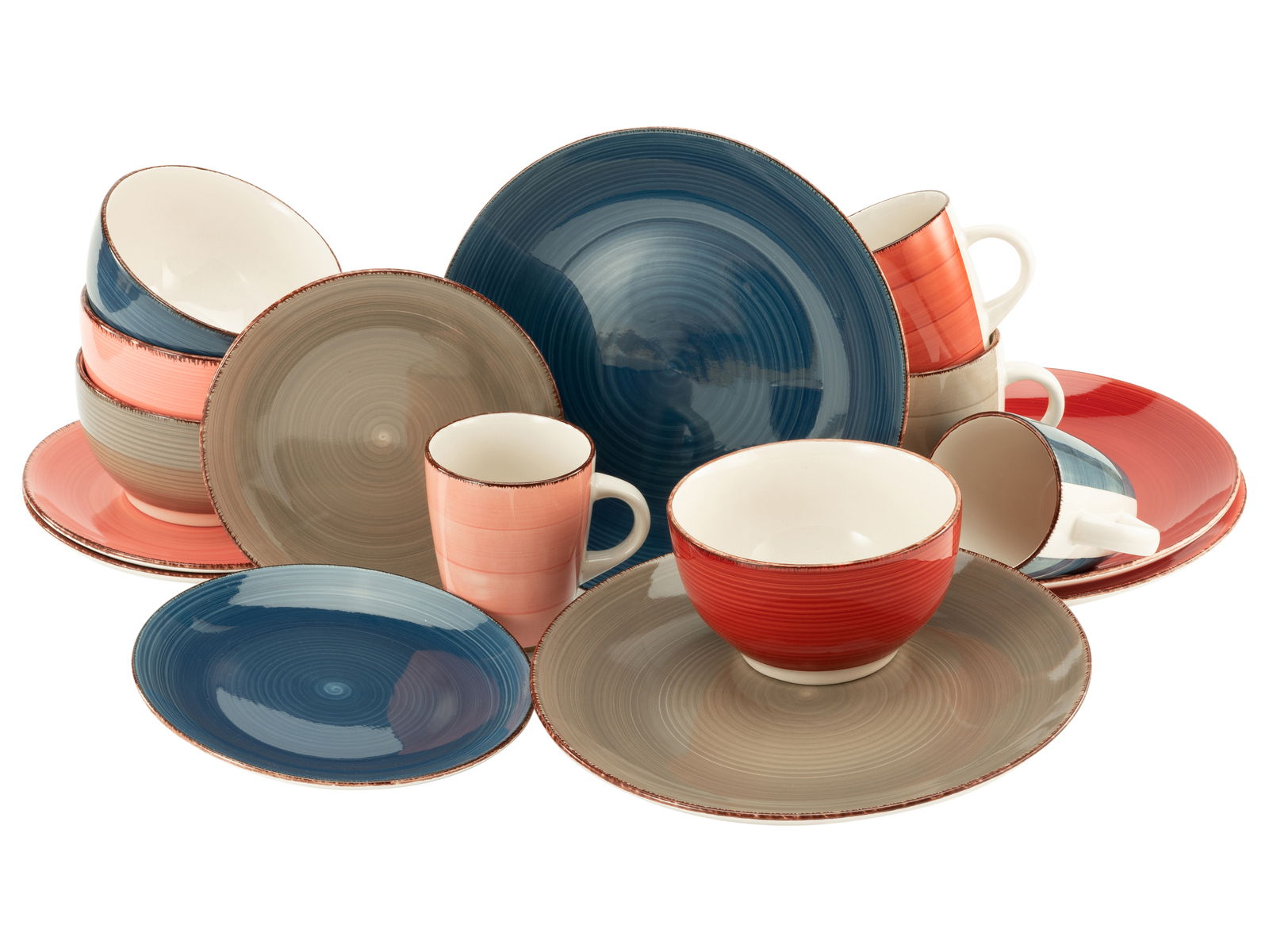 Kombiservice 16-tlg. in verschiedenen Farben, bestehend aus Tellern, Schalen und Tassen, aus einer leicht erhöhten Perspektive fotografiert.