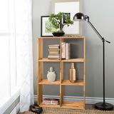 Holzregal mit sechs Fächern, dekoriert mit Büchern, Vasen und einer Pflanze, seitliche Perspektive