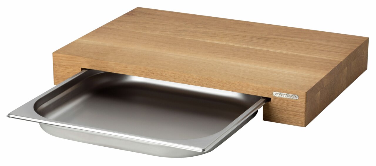 Continenta Multifunktionsbrett mit Schublade Multifunktionsbrett aus Holz mit herausziehbarer Edelstahlschublade, seitliche Perspektive