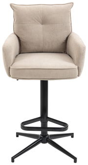 Beiger Barhocker mit gepolstertem Sitz und Rückenlehne, schwarzem Metallgestell, Frontalansicht