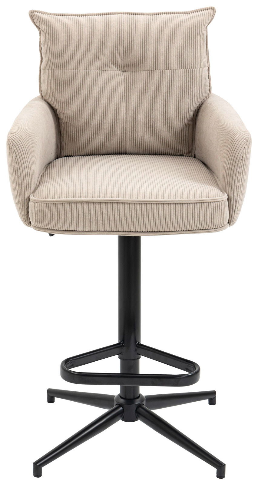 Beiger Barhocker mit gepolstertem Sitz und Rückenlehne, schwarzem Metallgestell, Frontalansicht