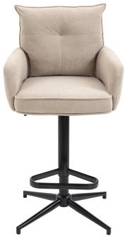 Beiger Barhocker mit gepolstertem Sitz und Rückenlehne, schwarzem Metallgestell, Frontalansicht