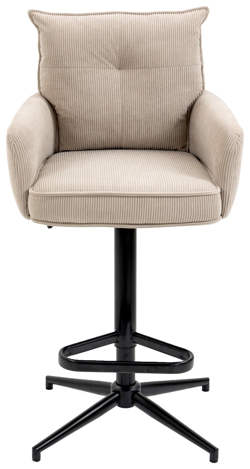 Beiger Barhocker mit gepolstertem Sitz und Rückenlehne, schwarzem Metallgestell, Frontalansicht