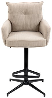 Beiger Barhocker mit gepolstertem Sitz und Rückenlehne, schwarzem Metallgestell, Frontalansicht