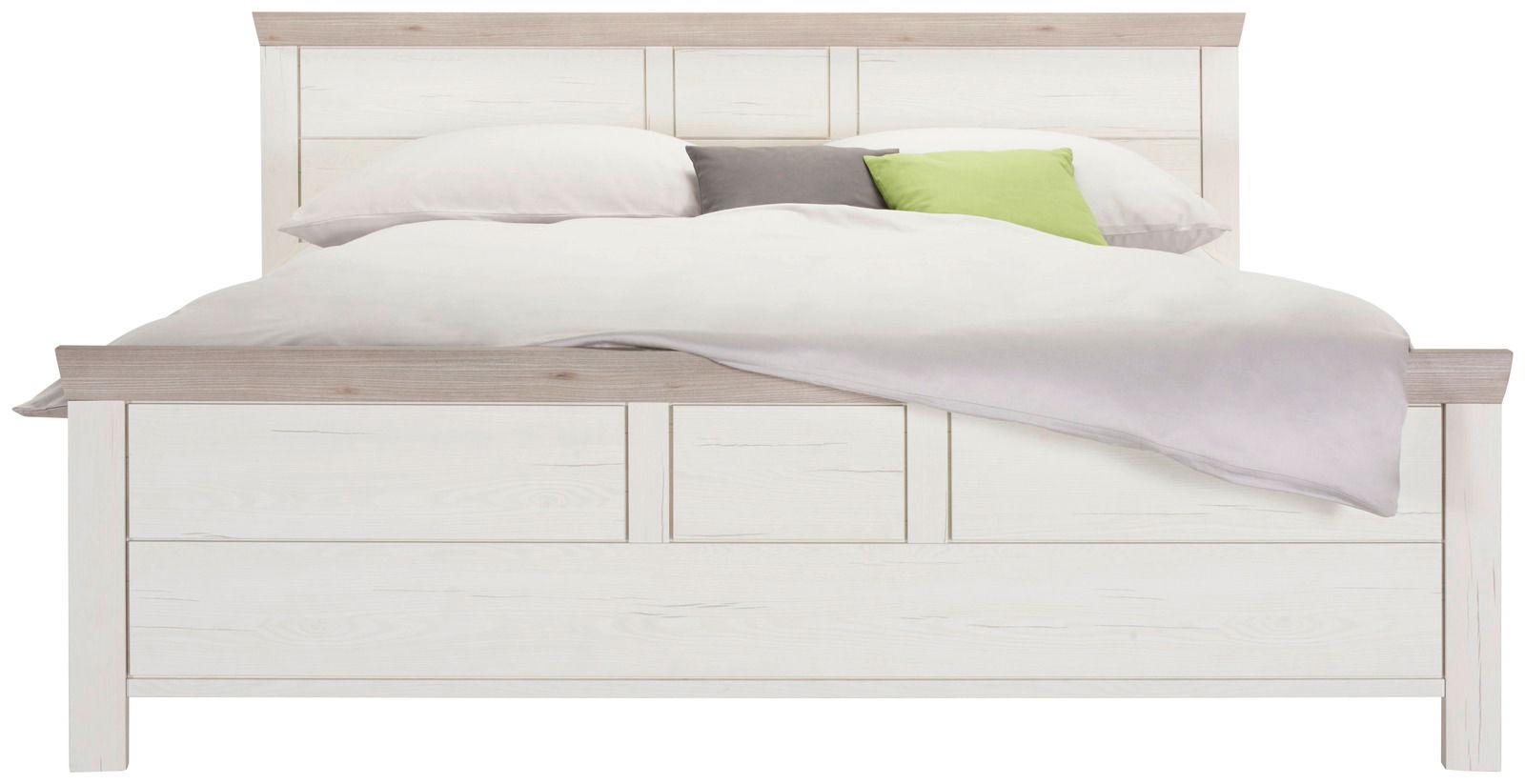 Frontale Ansicht eines Bettes 180x200 cm mit hellem Holzdesign und farbigen Kissen.