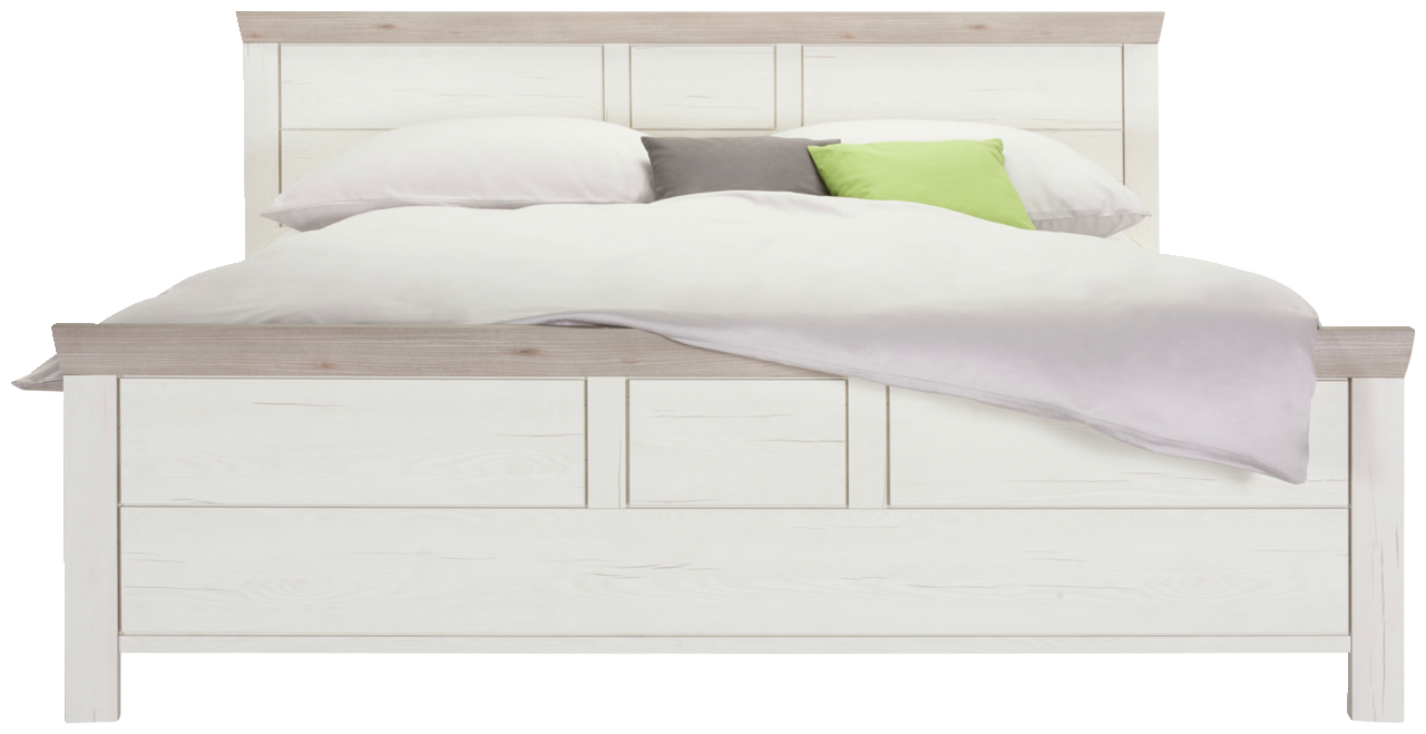 Frontale Ansicht eines Bettes 180x200 cm mit hellem Holzdesign und farbigen Kissen.