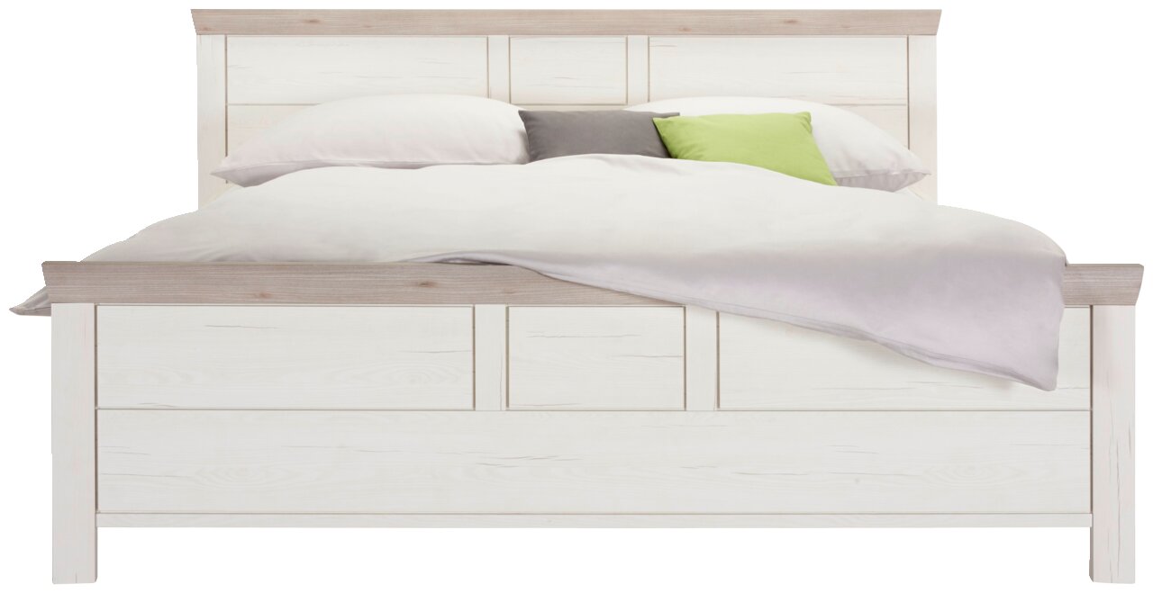 Frontale Ansicht eines Bettes 180x200 cm mit hellem Holzdesign und farbigen Kissen.