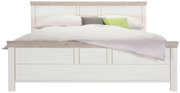 Frontale Ansicht eines Bettes 180x200 cm mit hellem Holzdesign und farbigen Kissen.